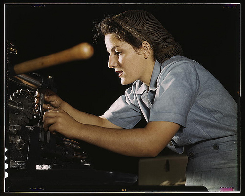 Mary Louise Stepan, 21, used to be a waitress. She has a brother in the air corps. She is working on transport parts in the hand mill, Consolidated Aircraft Corp., Fort Worth, Texas  (LOC)