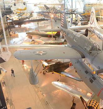Steven F. Udvar-Hazy Center: South hangar panorama, like Vought OS2U-3 Kingfisher seaplane, B-29 Enola Gay, amongst others