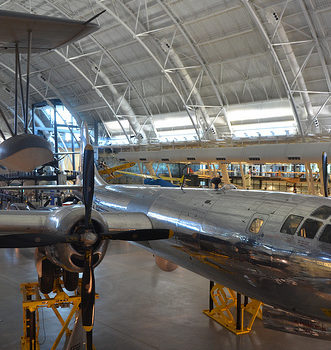 Steven F. Udvar-Hazy Center: south hangar panorama, which includes Vought OS2U-three Kingfisher seaplane, B-29 Superfortress “Enola Gay”, amongst other people